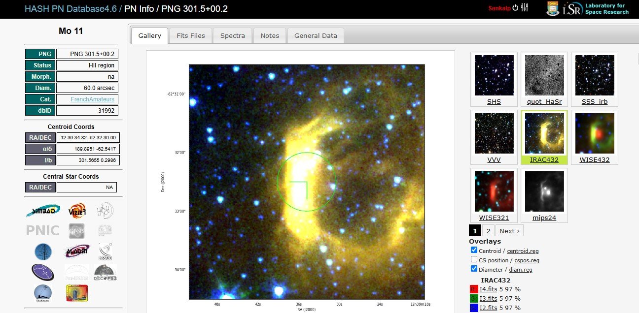 Mo 11 listing in the HASH Planetary Nebula Database, PN-G 301.5+00.2