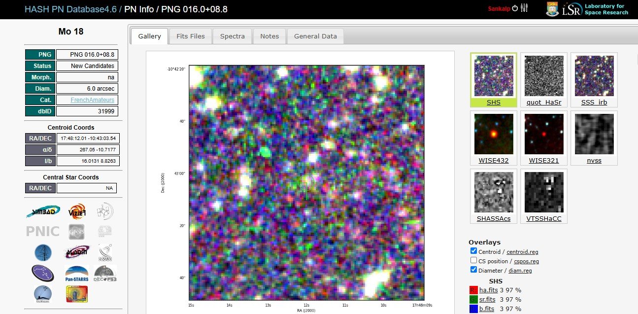 Mo 18 listing in the HASH Planetary Nebula Database, PN-G 016.0+08.8