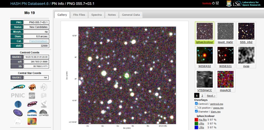Mo 19 listing in the HASH Planetary Nebula Database, PN-G 055.7+03.1