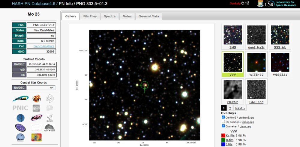 Mo 23 listing in the HASH Planetary Nebula Database, PN-G 333.5+01.3