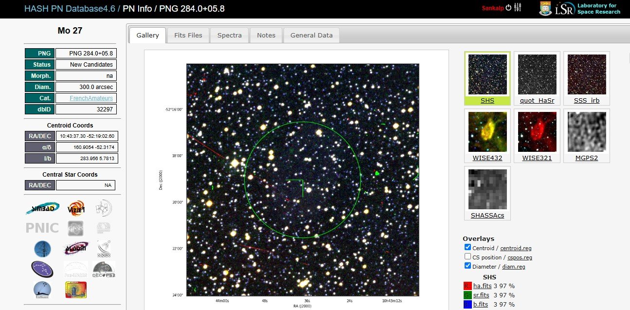 Mo 27 listing in the HASH Planetary Nebula Database, PN-G 283.9+05.7