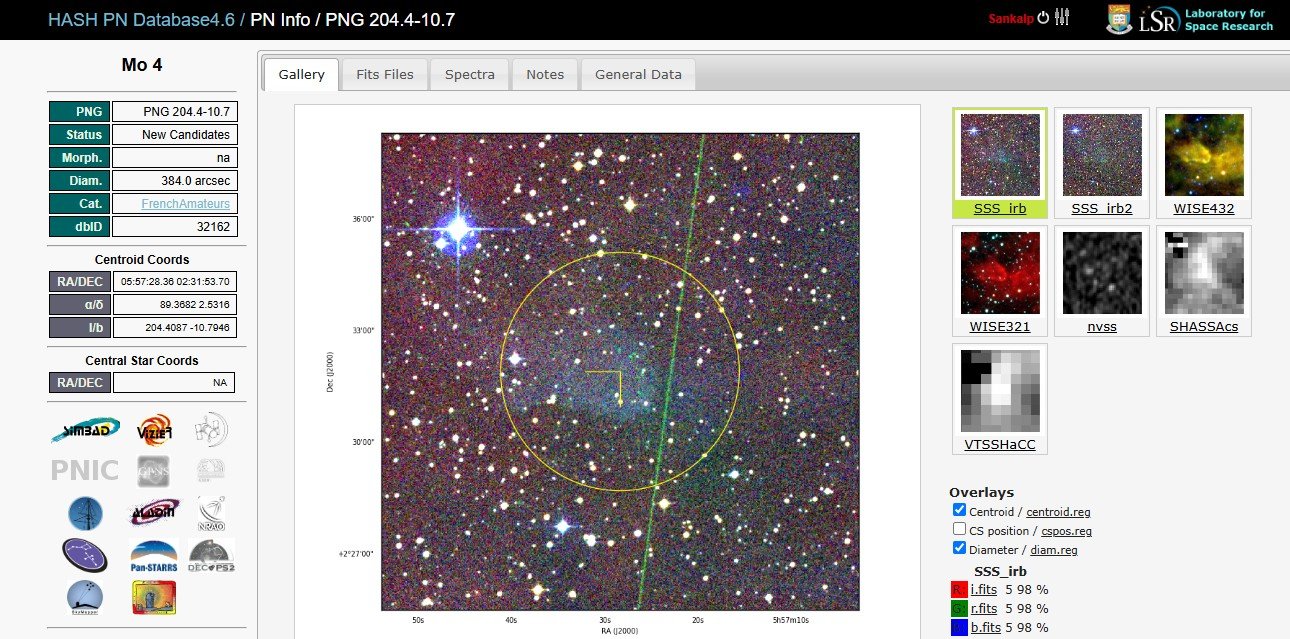 Mo 4 listing in the HASH Planetary Nebula Database, PN-G 204.4-10.7